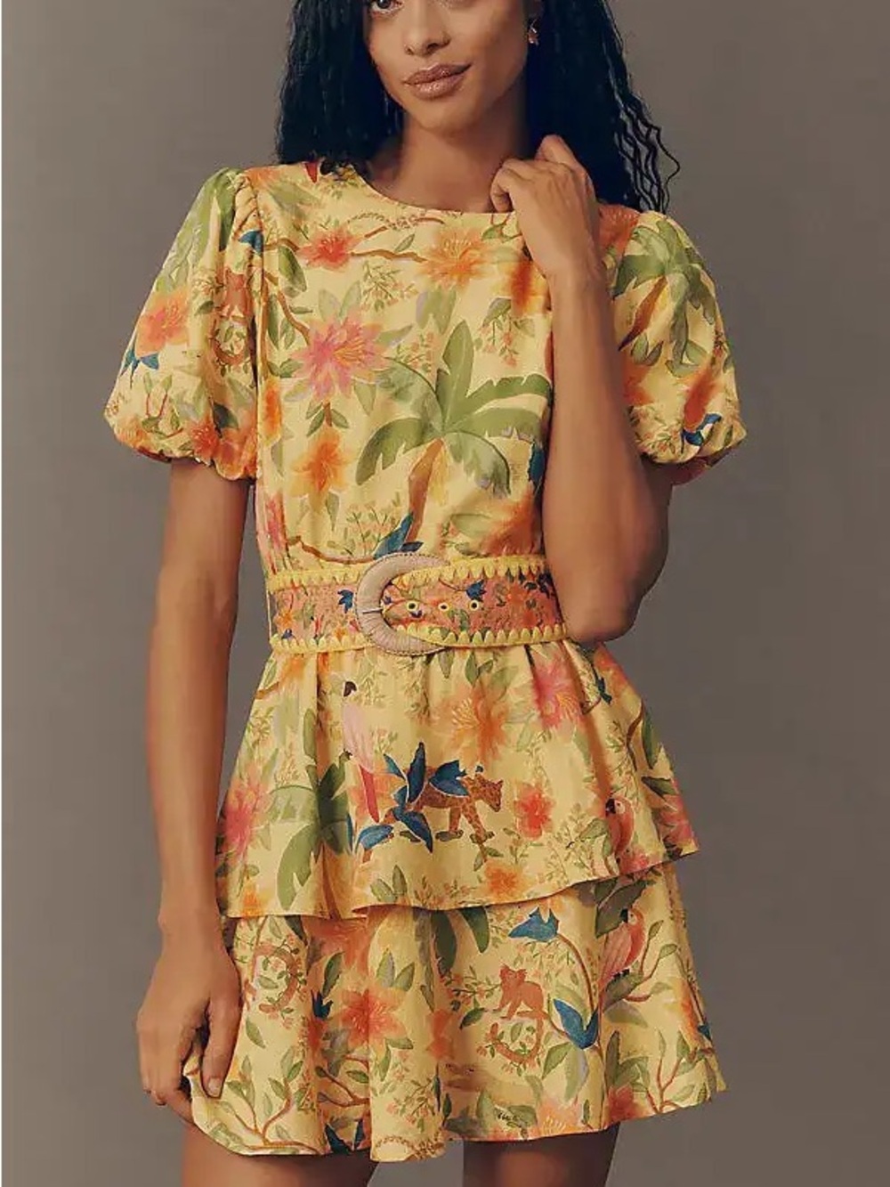 NWT Farm Rio X Anthropologie Tiered Mini Dress With Belt Animal Print